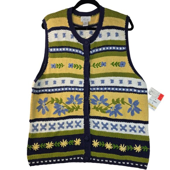Foxcroft XL Knitted Sweater Vest Vintage Embroidered Deadstock Floral New - Picture 1 of 9